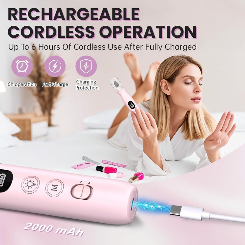 VFD Electric Nail Drill, Cordless 2000 mAh Rechargeable Portable Nail File 12 in 1 Kit for Thick Toenails, 10 Speeds Nail Dril Machine Professional Manicure Pedicure for Hand Natural Nails Care (Pink) - Image 3